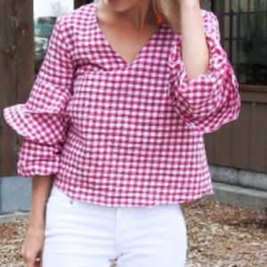 Gingham Ruffle Sleeve Open Back Top Red + White M